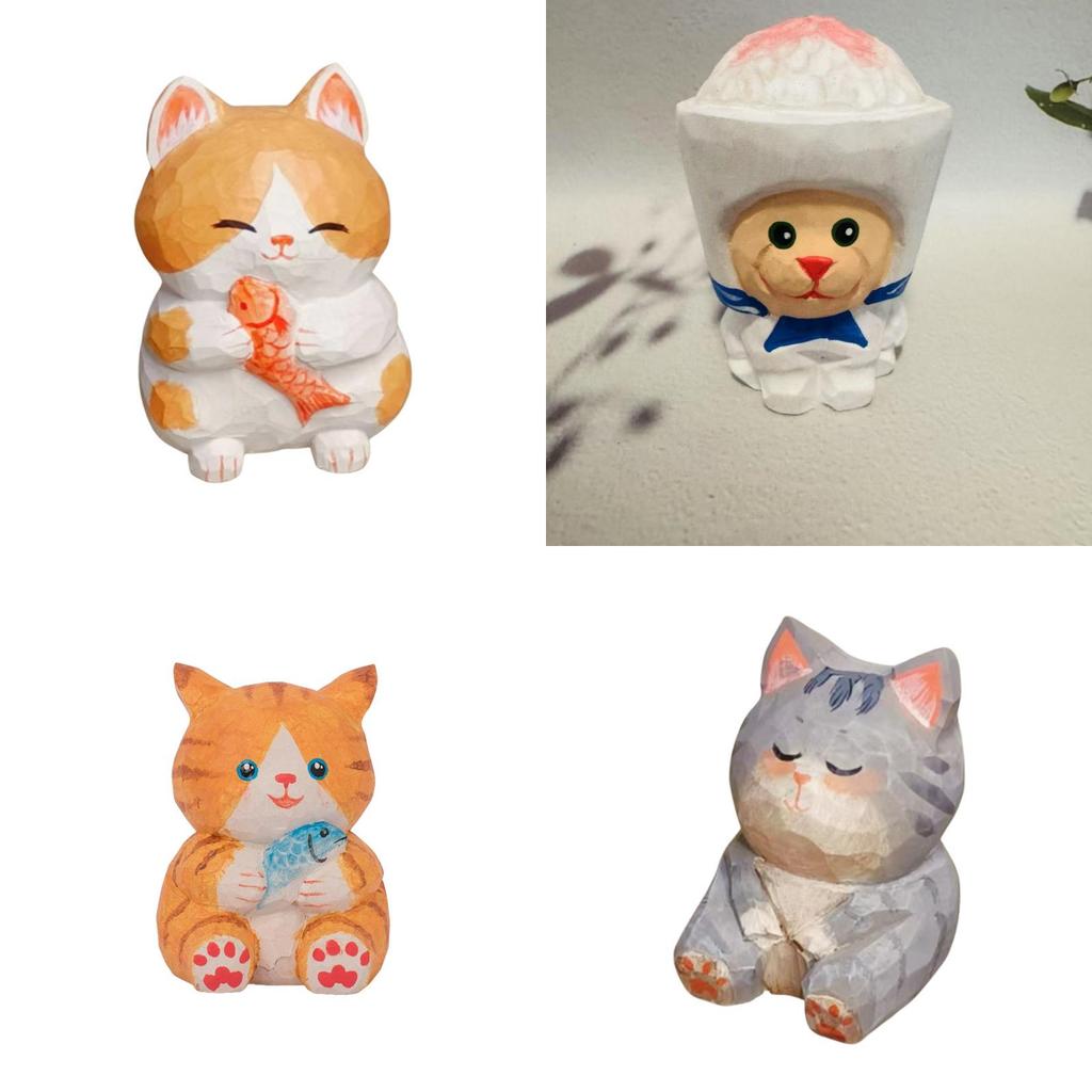 Wooden Lucky Cat Craft Decor With Cute Design For Home Office And Car Interior