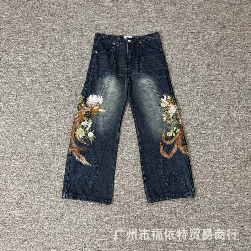 Vescartes Gefallener Engel Bestickte Jeans Locker Gerades Bein Vintage Hose Herren Damen