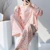 Leopard print lapel pajamas women's spring and summer long-sleeved cardigan homewear autumn cool cotton and silk suit can be worn outside large size