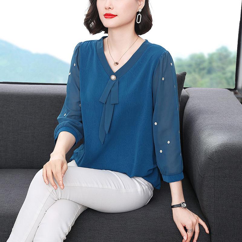 

Летняя модная рубашка среднего возраста с V-образным вырезом, вышитой лентой, рукавом семь четвертей, шифоновая рубашка для женщин 4XL павлин голубой