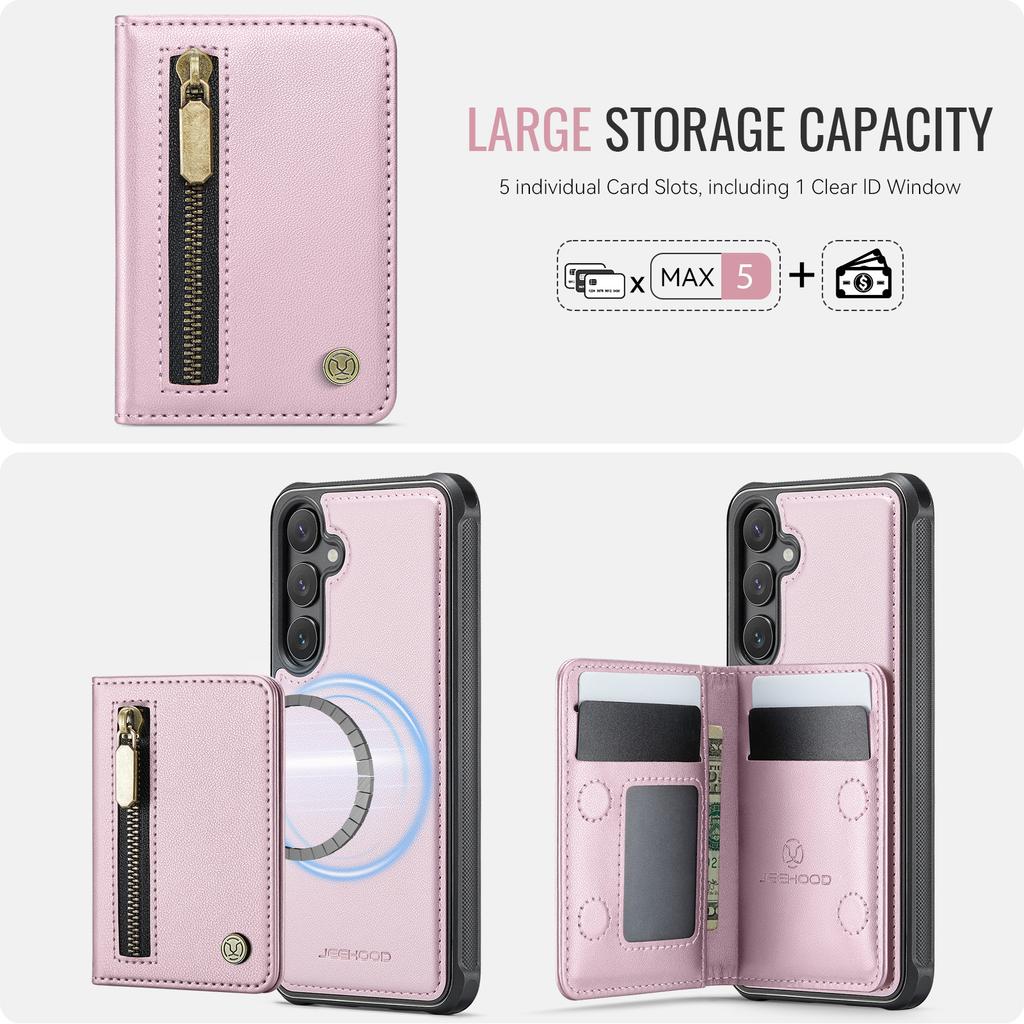 For Samsung Galaxy S26 Case JEEHOOD J12 Magnetic Detachable Zipper Wallet Kickstand Leather Back Cover Compatible with MagSafe