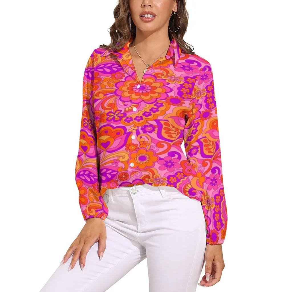 Helle Flower Power Bluse Retro Hippie Blumen Trendige Bedruckte Blusen Damen Langarm Freizeithemden Frühling Übergroße Kleidung