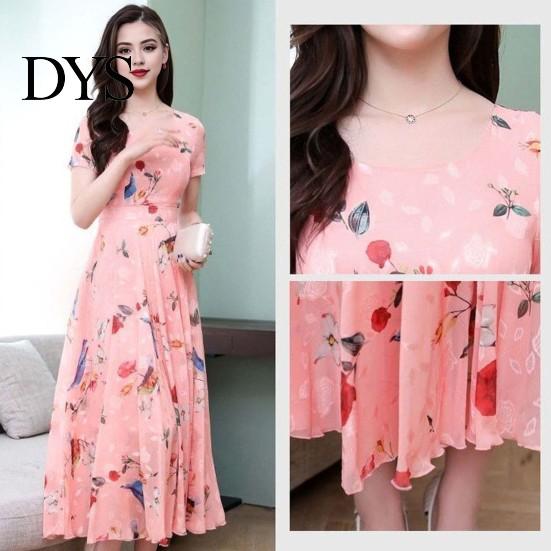 Lightweight Printed Dress Women Party A-line Big Swing Ice Silk O Neck Summer Short Sleeves High Waist Mid-calf Length Prom Dating Midi