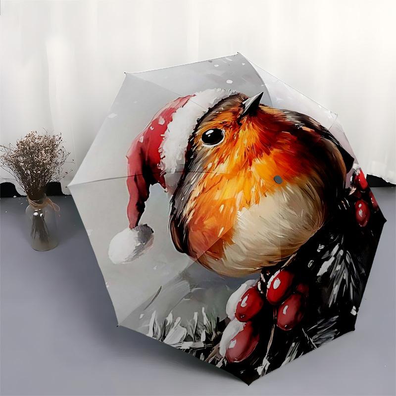 1pc Christmas Robin Santa Hat Automatic Folding Umbrella, Portable 3-Fold Design with 8-Bone Iron Frame, Outdoor, Gift for Fans, Travelers, Daily Use.