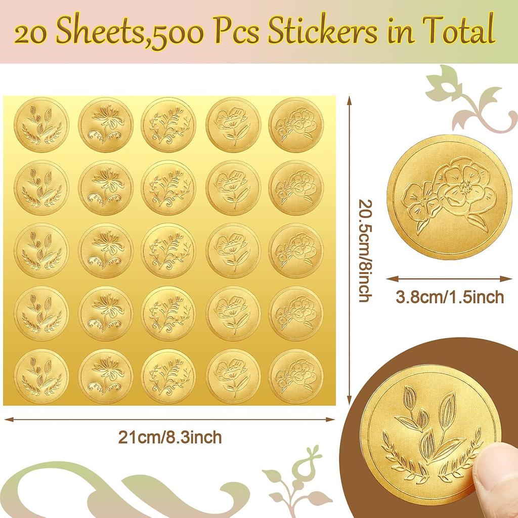 Chinco 500 Pieces Gold Embossed Envelope Seals Stickers Adhesive Seal Stickers Vintage Embossed Foil Certificate Kit Plant DIY Labels for Wedding