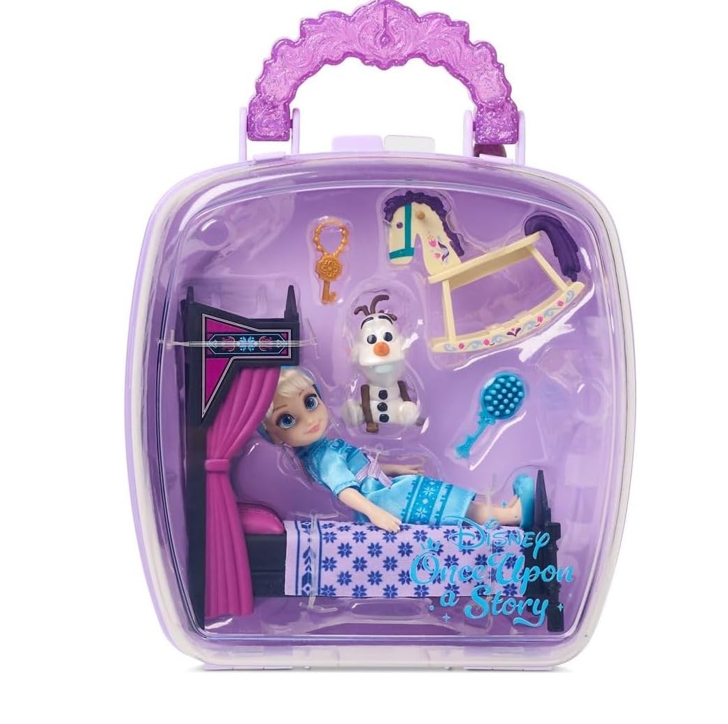 Disney Store Official Princess Elsa Once Upon a Story Mini Doll Playset Princess Doll for Birthday Furniture Carrying Case Included - Frozen, 5-inch
