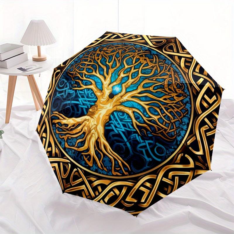 Golden Tree of Life Umbrella, Portable 3-Fold Umbrella for Men & Women,Christmas Gift ES308