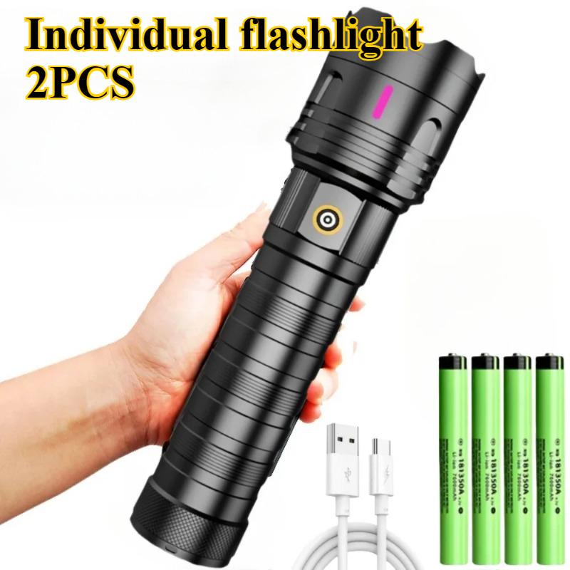 1/2PCS High Power Long Range LED Flashlight Zoomable Type-C Rechargeable Tactical Handheld Light for Outdoor Camping Fishing