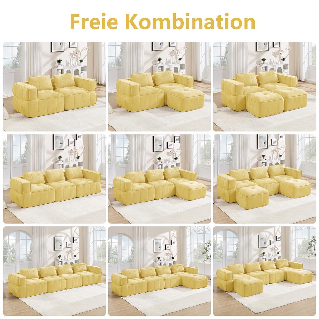 L-shaped two-seater sofa without frame with ottoman, 32D high-density foam, deep seat, skin-friendly fabric, non-slip, for living room, Yellow.