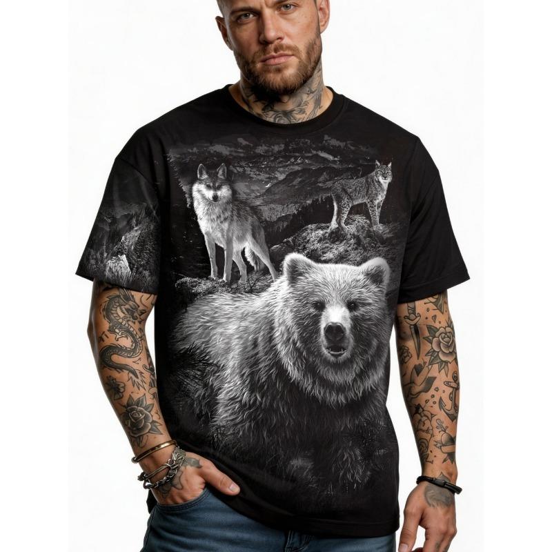 Summer Men's Short-Sleeve T-Shirt Brown Bear Landscape Pattern Print Lightweight Durable Hiking Casual Attire Casual Man Clothes