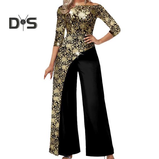 

Женский комбинезон с лоскутным цветочным принтом, имитация двух частей, широкие штанины, рукав три четверти, круглый вырез, нестандартный мягкий дышащий осенний комбинезон L золотистый