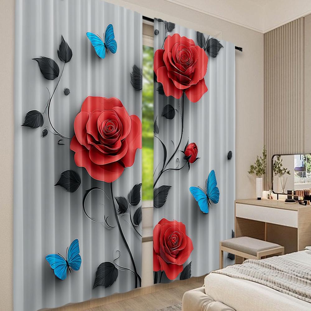 Set Of 2 Flat Printing Scene Curtain Red Roses Blue Butterflies Digital Printed Polyester Drapes Festive Holiday Use New Curtains Made