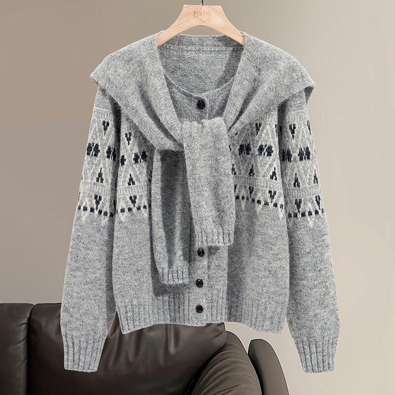 

Women s Wool Blend Round Neck Cardigan One Size