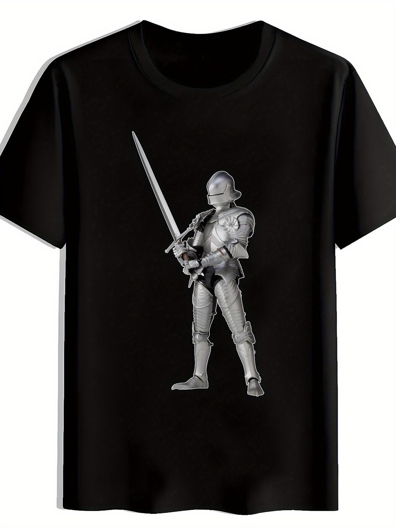 

Black T-shirt with Medieval Knight Sword Design - Casual Polyester Round Neck Tee for Summer XL