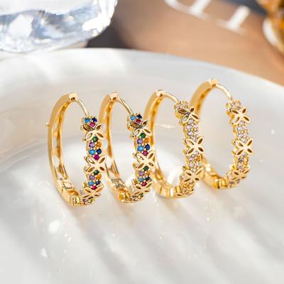 Statement Female Rainbow Flower Zircon Stone Hoop Earrings Luxury Glod Color Wedding  For Women