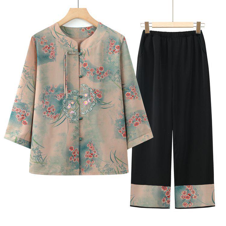 

Elegant Spring-Autumn Print Top & Black Pants Set for Middle-Aged and Elderly Women - Comfortable and Casual. XL зелёный