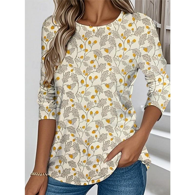 Easter Women's T shirt Crew Neck Long Sleeve Tunic Graphic Striped Plants Vintage Stylish Classic  Round Neck Regular Tops