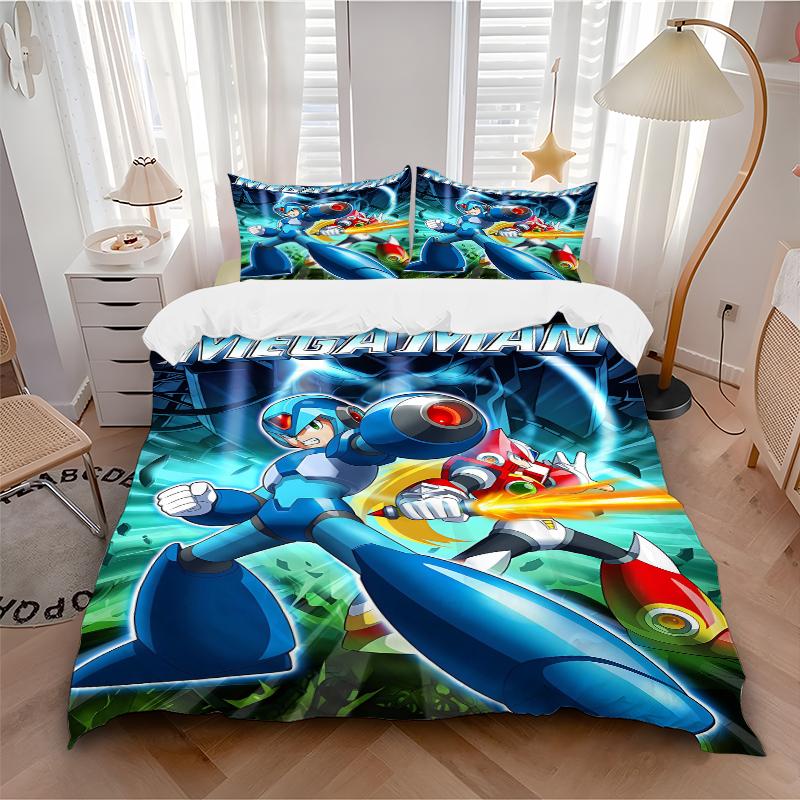 3Pcs Mega Man Energy Burst Bedding Set Quilt Cover Pillowcase Home Christmas Xmas Halloween Gift 1 Duvet Cover 2 Pillowcase M929489