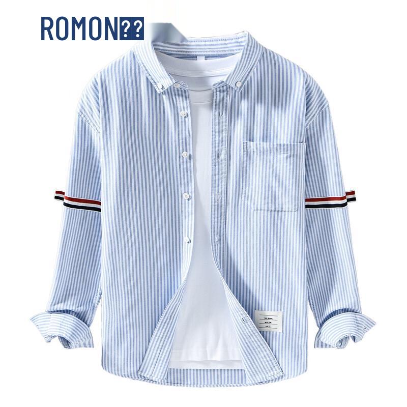 ROMON Men s Casual Oxford Stripe Long Sleeve Shirt M