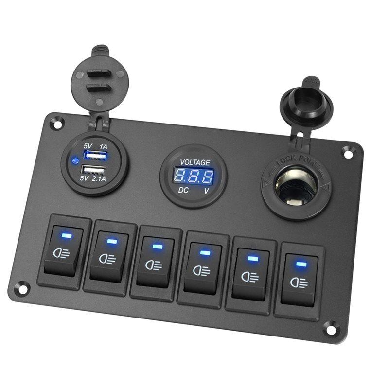 Versatile LED Digital Voltmeter 6 Gang Rocker Switch Panel Waterproof Car Marine Circuit Breaker Dual USB Port On/OFF DC 12V
