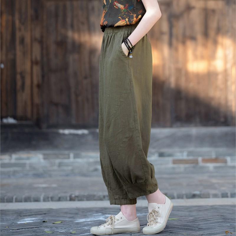 Johnature Women Vintage Solid Color Pants Elastic Waist Patchwork Pockets Summer Trousers Bloomers Pants