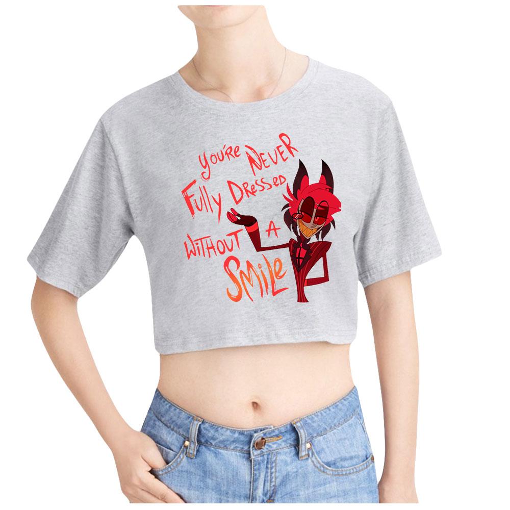 Sommermode Damen Sexy Hazbin Hotel Grafikdruck Kurzarm Crop Top Lustige T-Shirts Hipster Oansatz Coole Tops