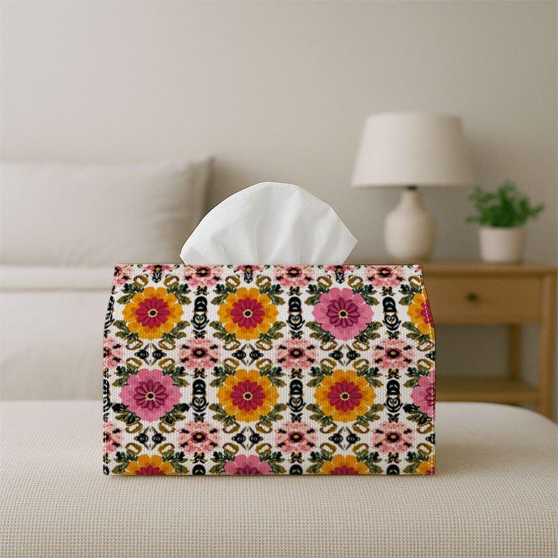 2D Flat 1pc Geometric Floral Tissue Box, Reusable& Washable, Colorful Flower Symmetric Pattern Design for Dining Table, Kitchen, Bathroom, Hotel, Car,