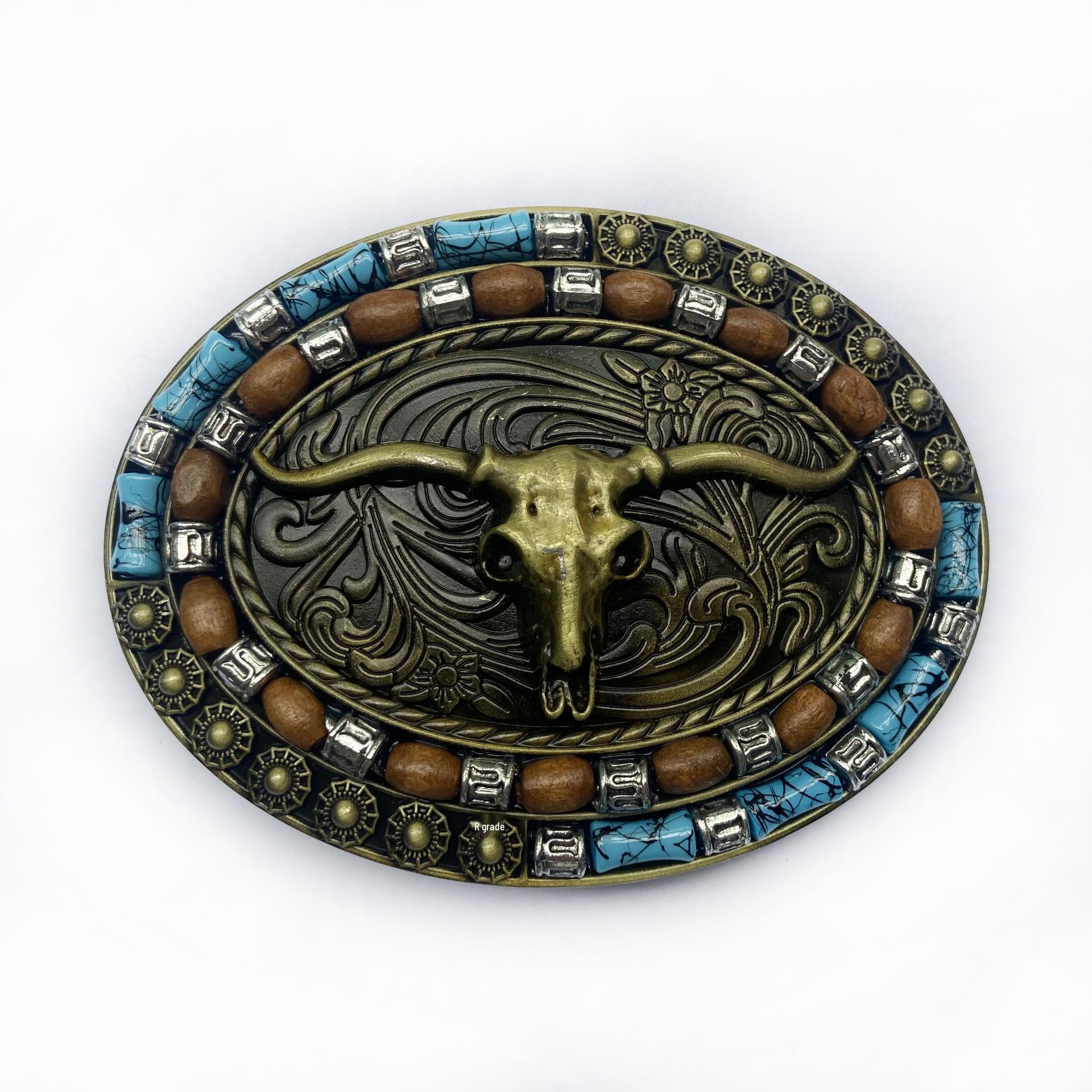 Bohemian Western Cowboy Bull Head Oval Belt Buckle, 4.0cm Retro Casual Style