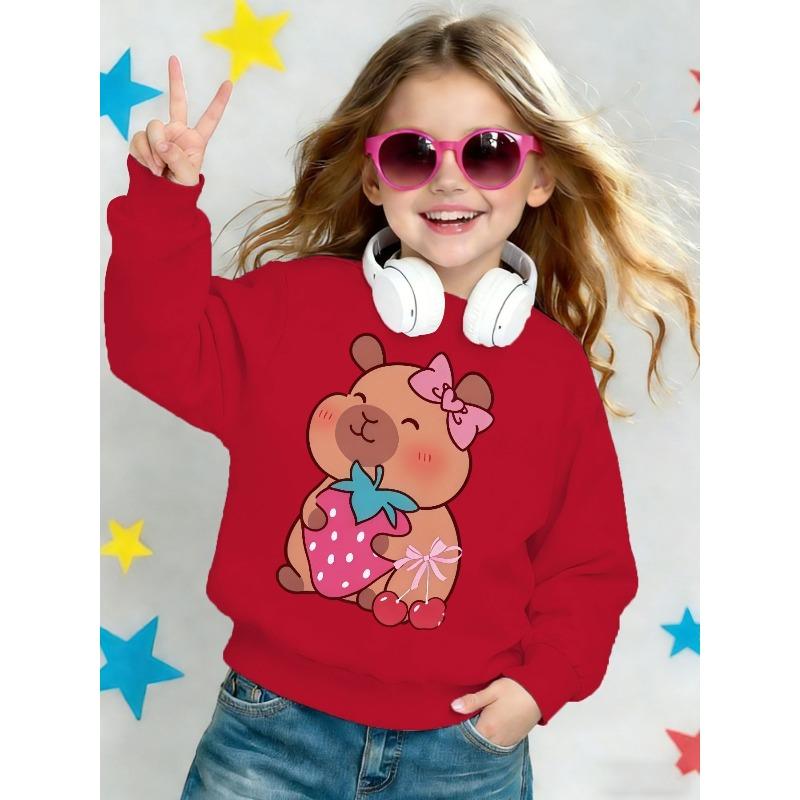 Kids Crewneck Sweatshirt, Cartoon Bear Strawberry Cherry Print Cute Sweet Casual Long Sleeve Top