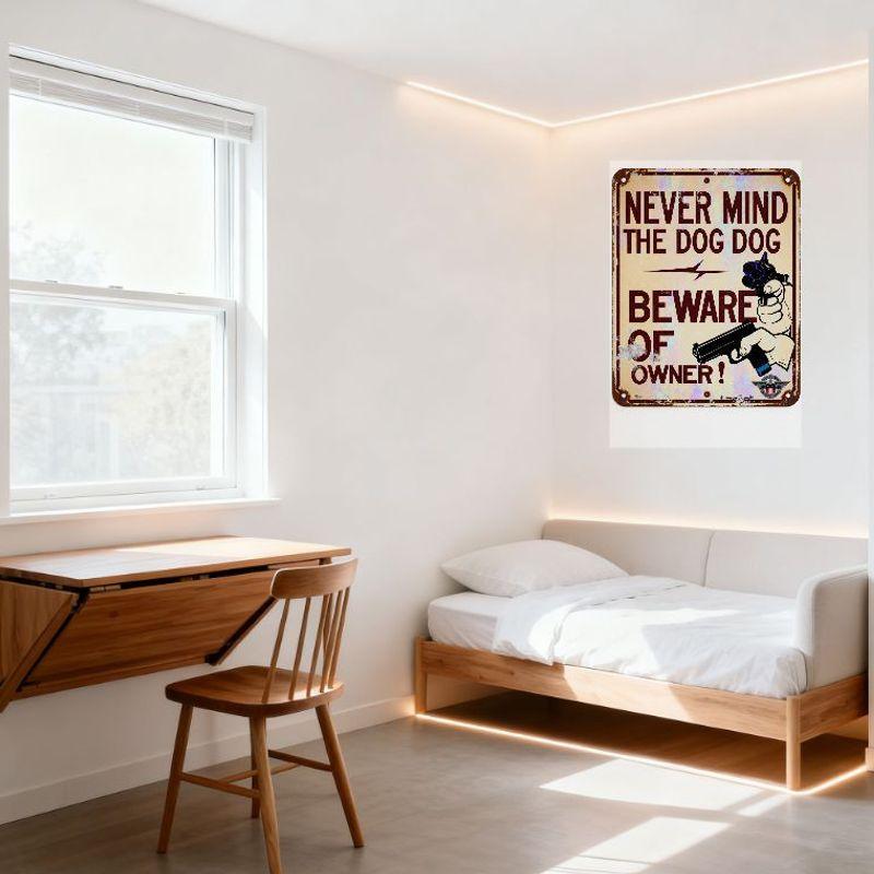 Vintage 'Never Mind The Dog, Beware Of Owner' Metal Tin Sign with Guns Illustration - Rusty Faded Aged Wall Decor for Bar Cafe M