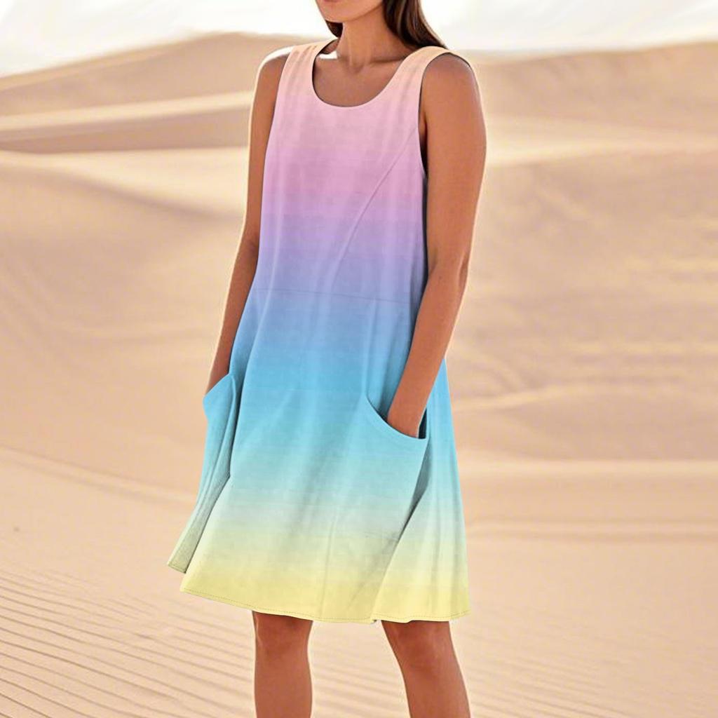 Women's Fashion Casual Gradient Print Sleeveless Pocket Beach Dress