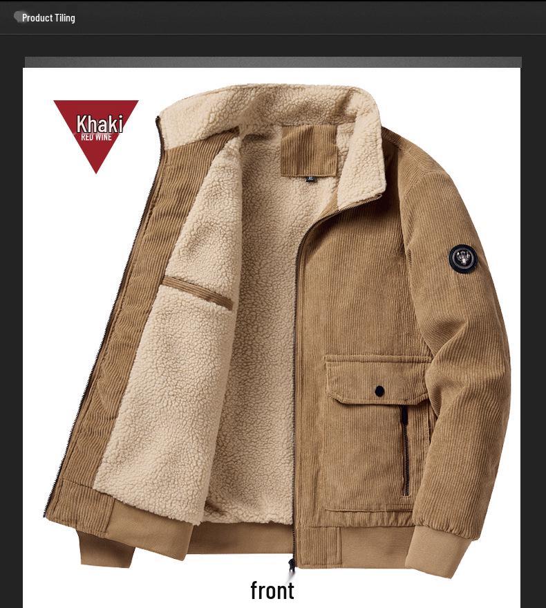 Men's Corduroy Stand Collar Jacket - Winter 2025. Warm Lambswool Lined, Casual Loose Fit Workwear.