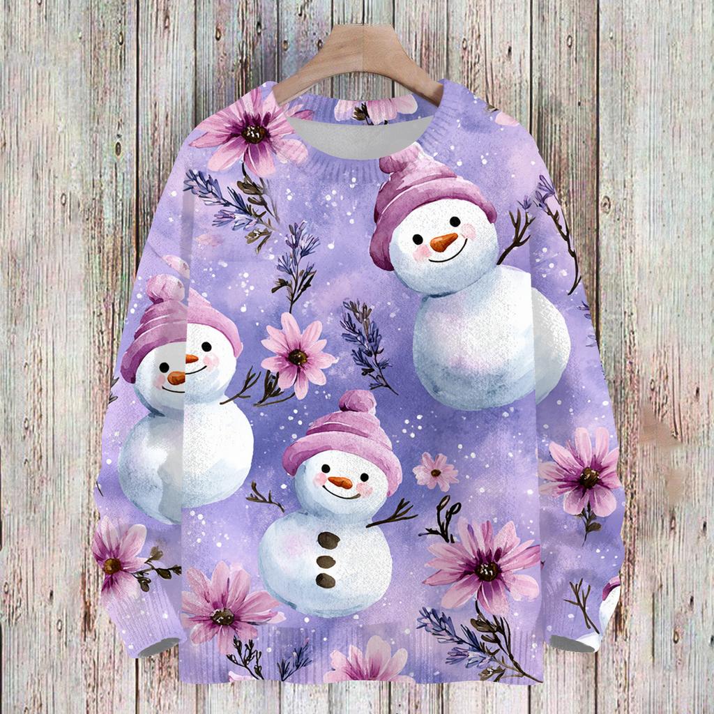 Ladies' Fashionable And Casual Christmas Cute Printed Round Neck Long Sleeved Knitted Yarn