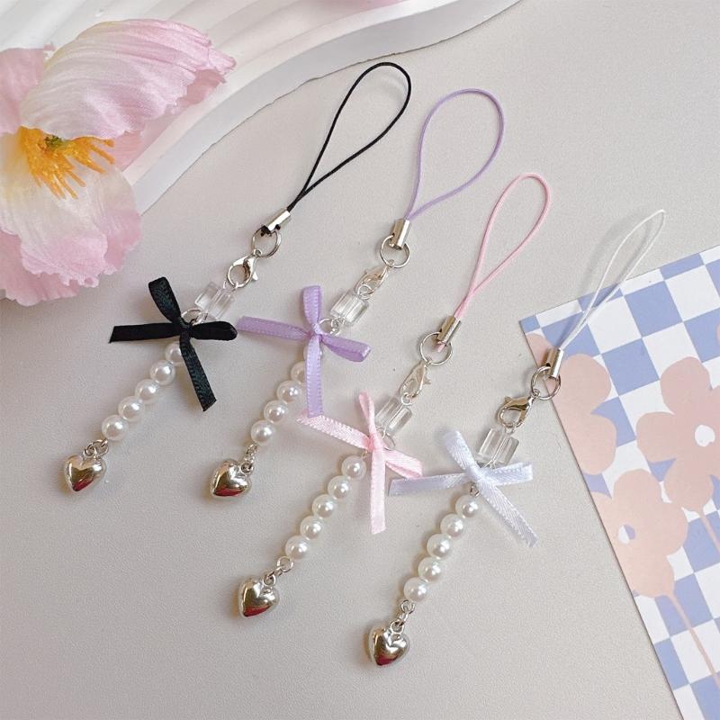 Sweet Phone Chain Strap Lanyard Bowknot Heart Bead Pendant Phone Charm Hanging Decoration Cute Phone Accessories