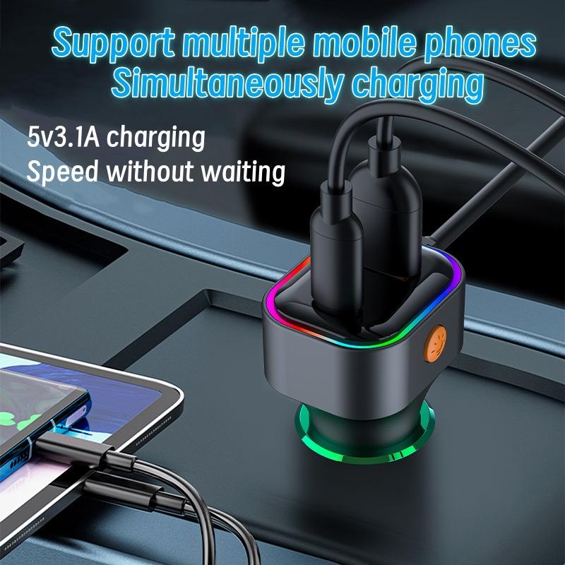 A One Meter Long 2-in-1 Car Charger Can Charge Four Devices Simultaneously and Switch Between Seven Color Ambient Lighting Color