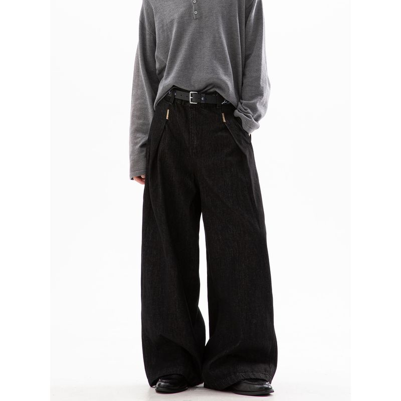 Dream Made American-Style Pleated Denim Raw Denim Color Jeans for Men, Spring and Autumn Straight-Leg Wide-Leg Vibe Style Pants