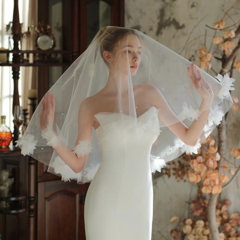Flower Beaded Veil Wedding Veil Bridal Shower Headwear Photoshooting Accessory