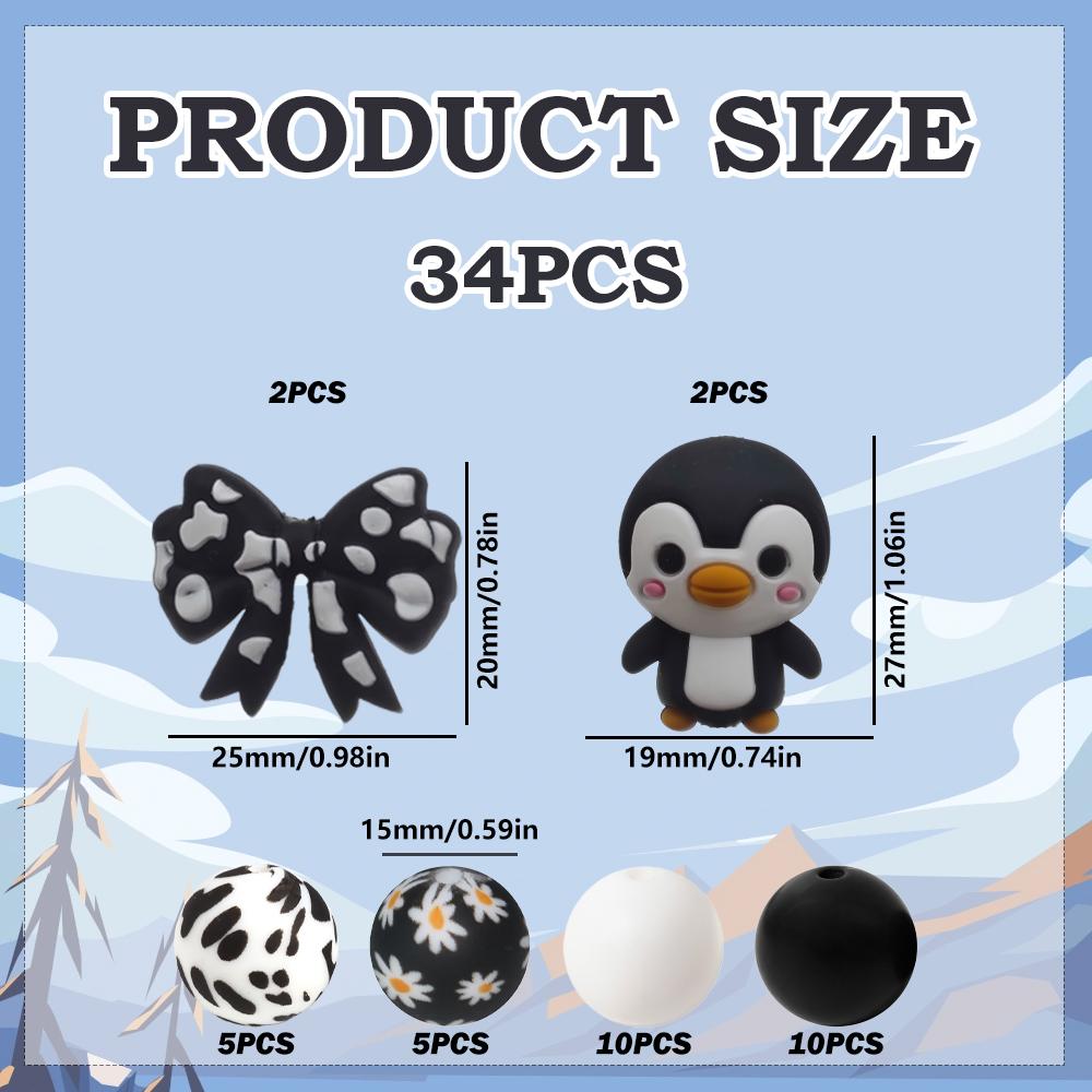 

34PCS bow penguin silicone bead set, perfect for DIY handmade crafts such as keychains, necklaces, bracelets, etc