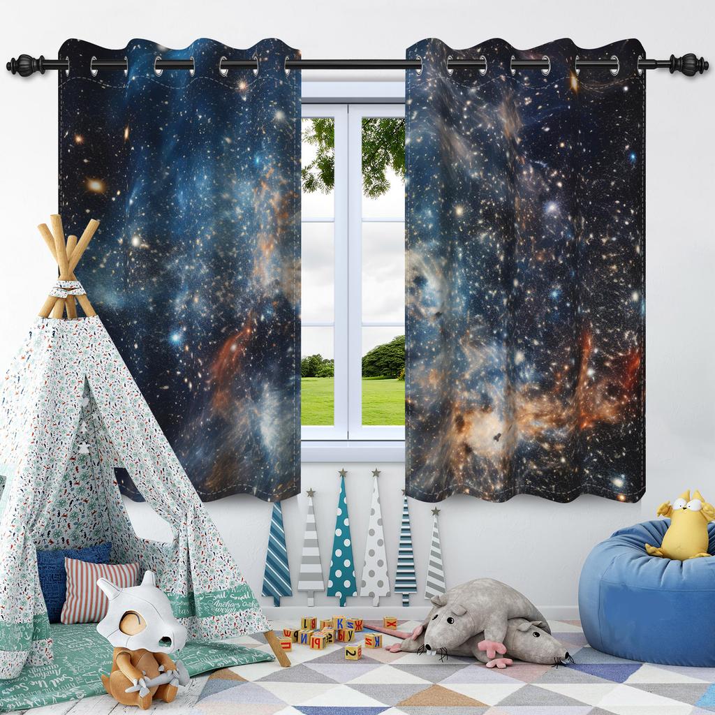 Night Starry Sky Moon Stars Milky Way Blackout Curtains Children'S Bedroom Heat Insulation Noise Reduction Window Drapes 2Pcs