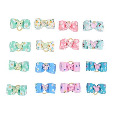 16Pcs Dog Hair Bows Floral Pattern Multicolor 2 Layer Butterfly Pet Hair Bowknot with Rubber Bands