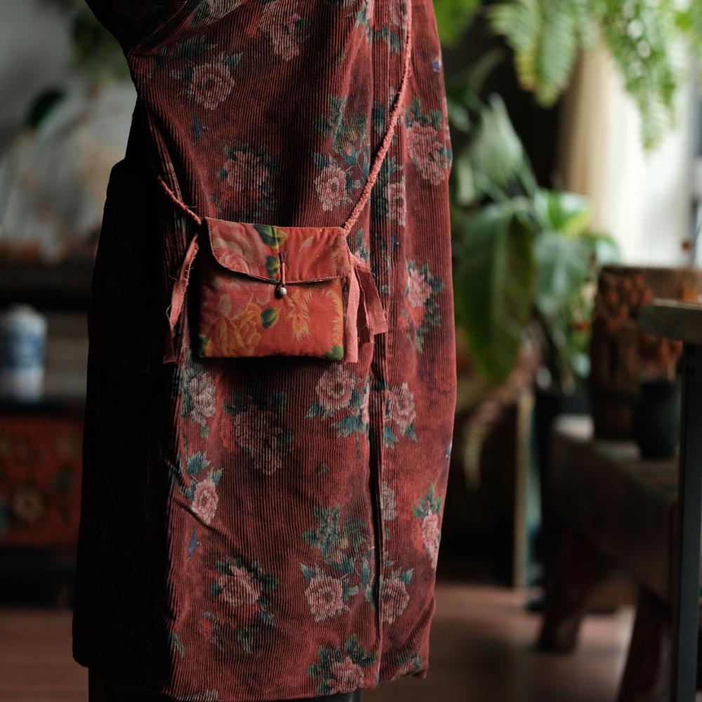 Johnature Women Vintage Red Floral Corduroy Warm Button Long Sleeve Pockets Coats Winter Chinese Style Coats