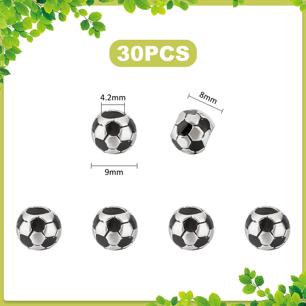 30Pcs Large Hole FootBall/Soccer Ball Alloy Enamel European Beads, Sports Beads, Antique Silver, Black, 9x8mm, Hole: 4.2mm