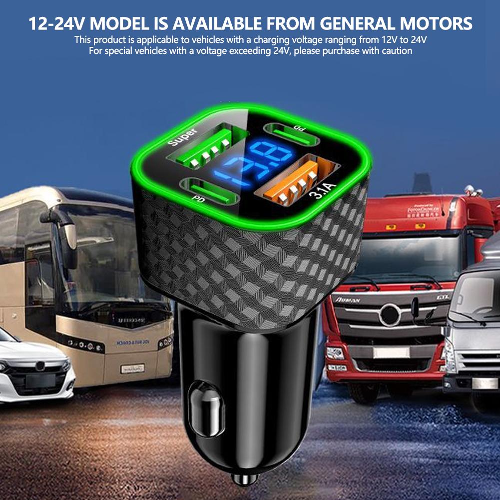 4 in 1 Car Charger Dual PD with Voltage Display USB Super Fast Charging Adapter for Smart Phone