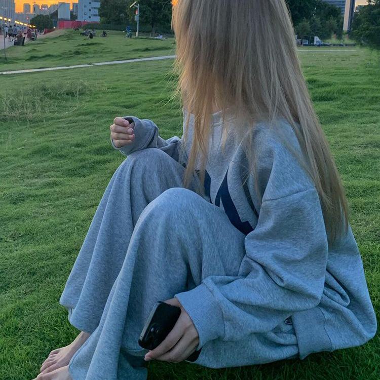 Women's Retro Patchwork Wide Leg Sweatpants - Gray Summer Casual Style