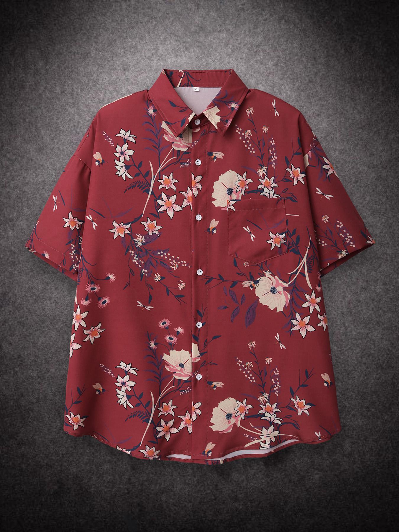 

Рубашка свободного покроя с коротким рукавом с цветочным принтом на Гавайях, летняя мужская рубашка для студентов, пар, модная повседневная мужская одежда, тенденции XXL красный