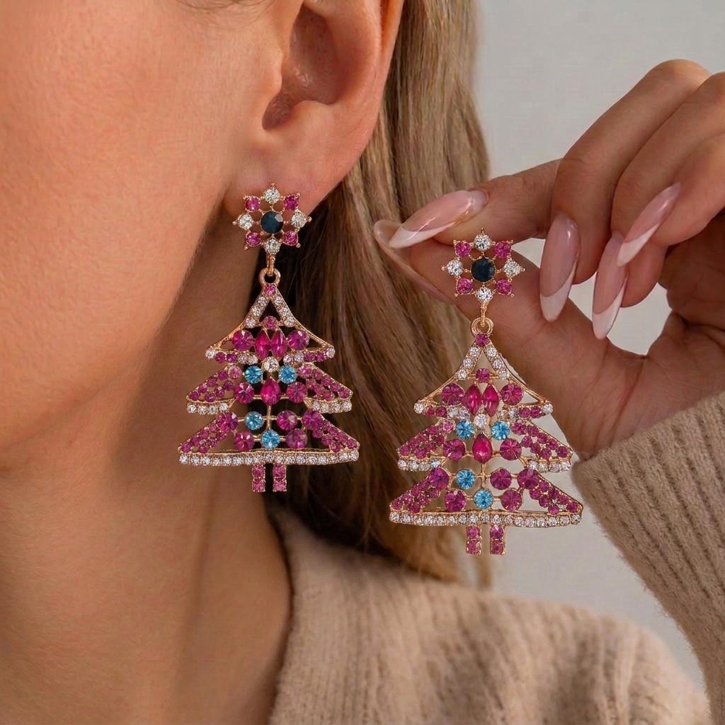 Sparking Colorful Crystal Christmas Tree Dangle Earrings For Women Exquisite Zircon Snowflake Star Drop Earring Party Jewelry