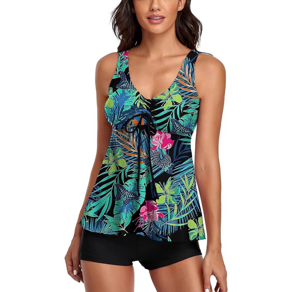 European and American Tankini Print Conservative Boxers Skirt Split Swimsuit