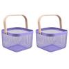 2 Pack Square Metal Mesh Fruit Basket, Portable Metal Picnic Baskets with Wood Handle, Mesh Storage Organizer Basket
