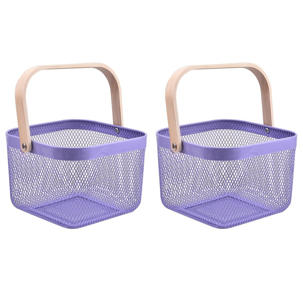 2 Pack Square Metal Mesh Fruit Basket, Portable Metal Picnic Baskets with Wood Handle, Mesh Storage Organizer Basket