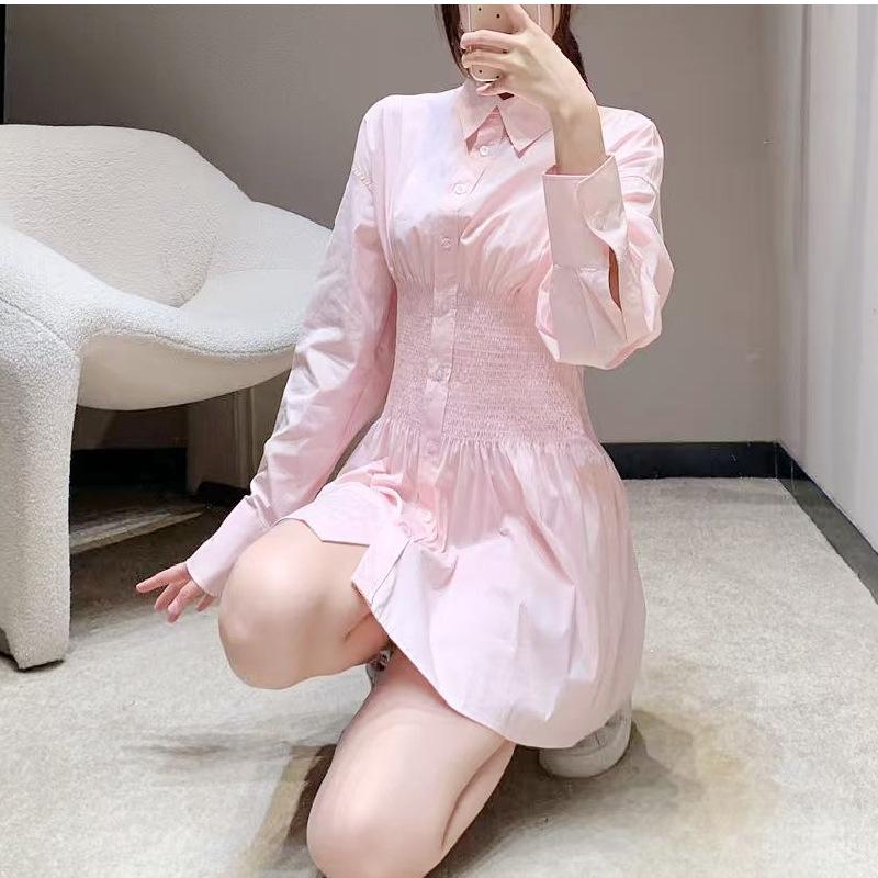 2024 Women's Summer Long Sleeve Shirt Dress with Turn-Down Collar and Waist Tie